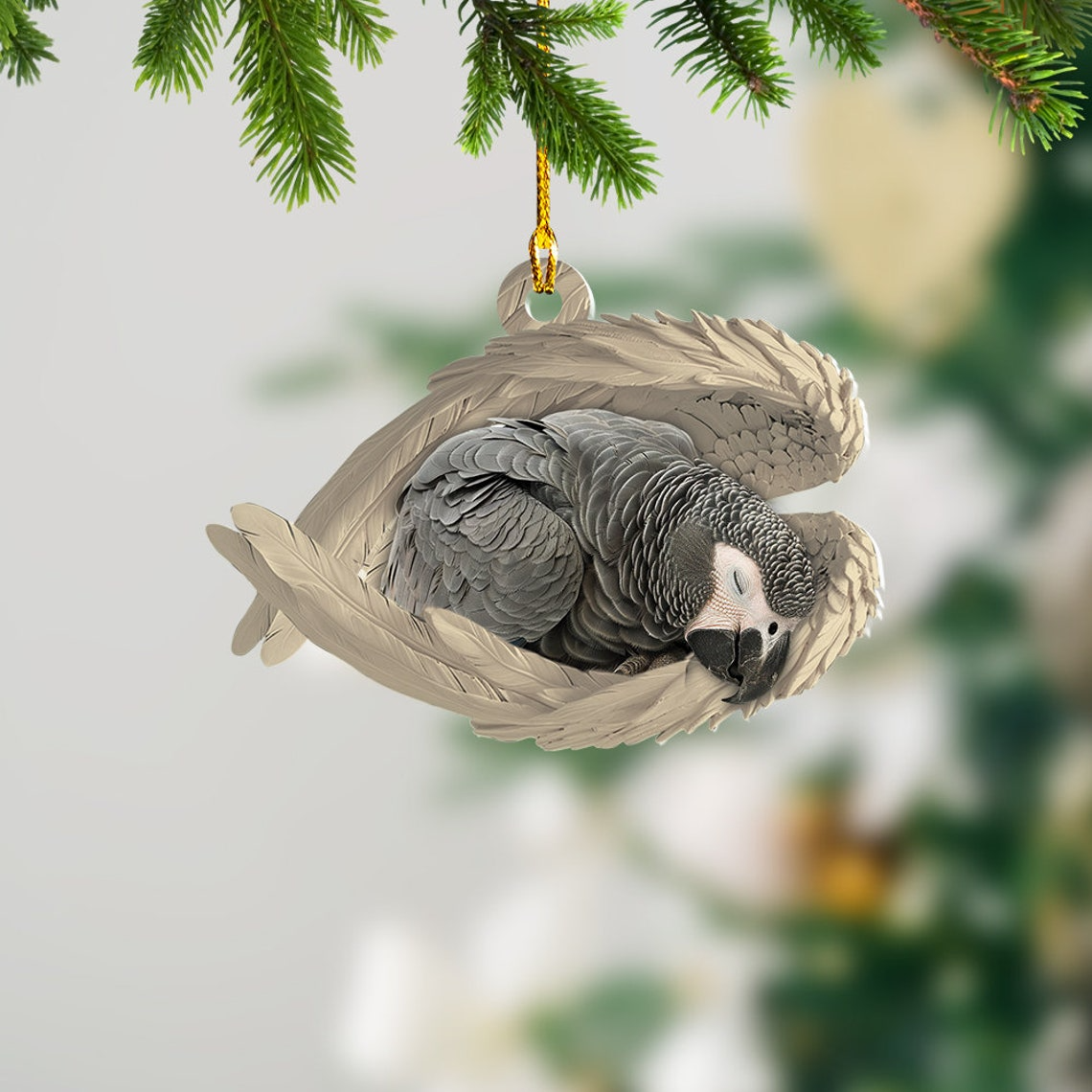 Grey Parrot Sleeping Angel Christmas Ornament, Christmas Grey Parrot Angel Wings Ornament Gift