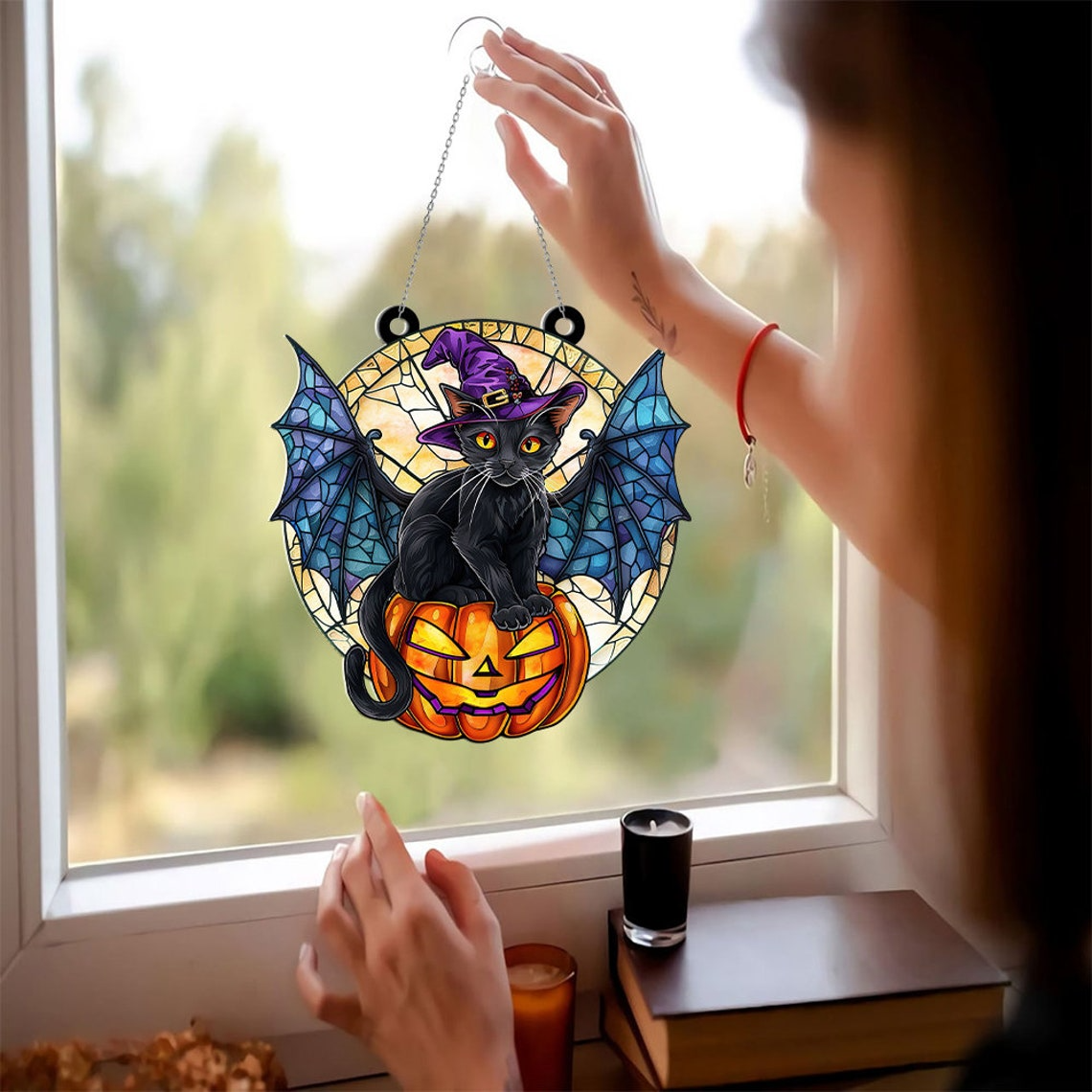 Cat Witch with Hat Purple Halloween Suncatcher, Cat Witch Window Hanging Decor