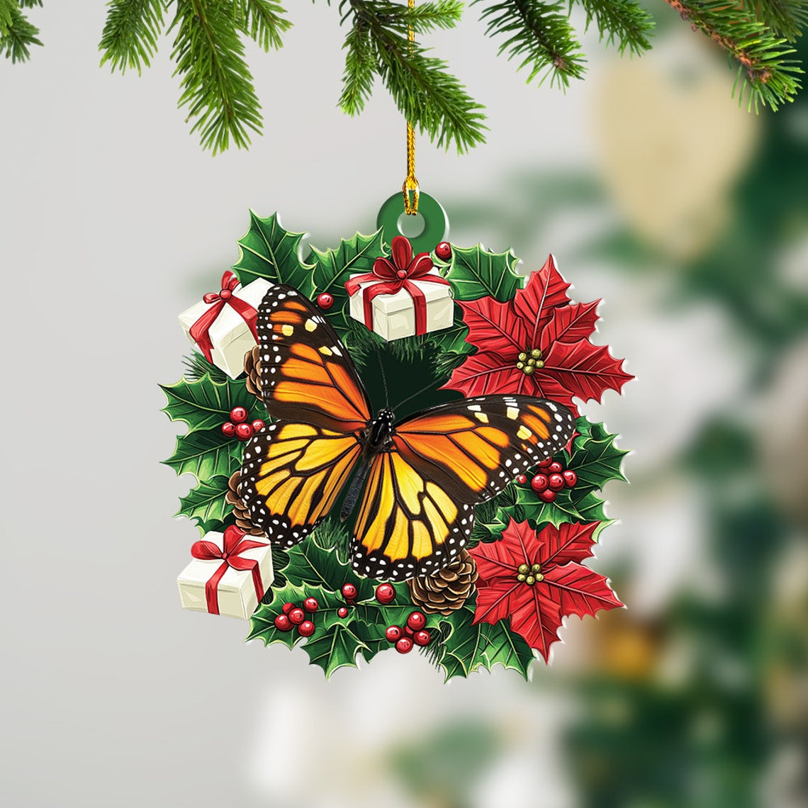 Butterfly Christmas Tree Wreath Ornament, Butterfly Rearview Mirror Car Ornament Holiday Gift