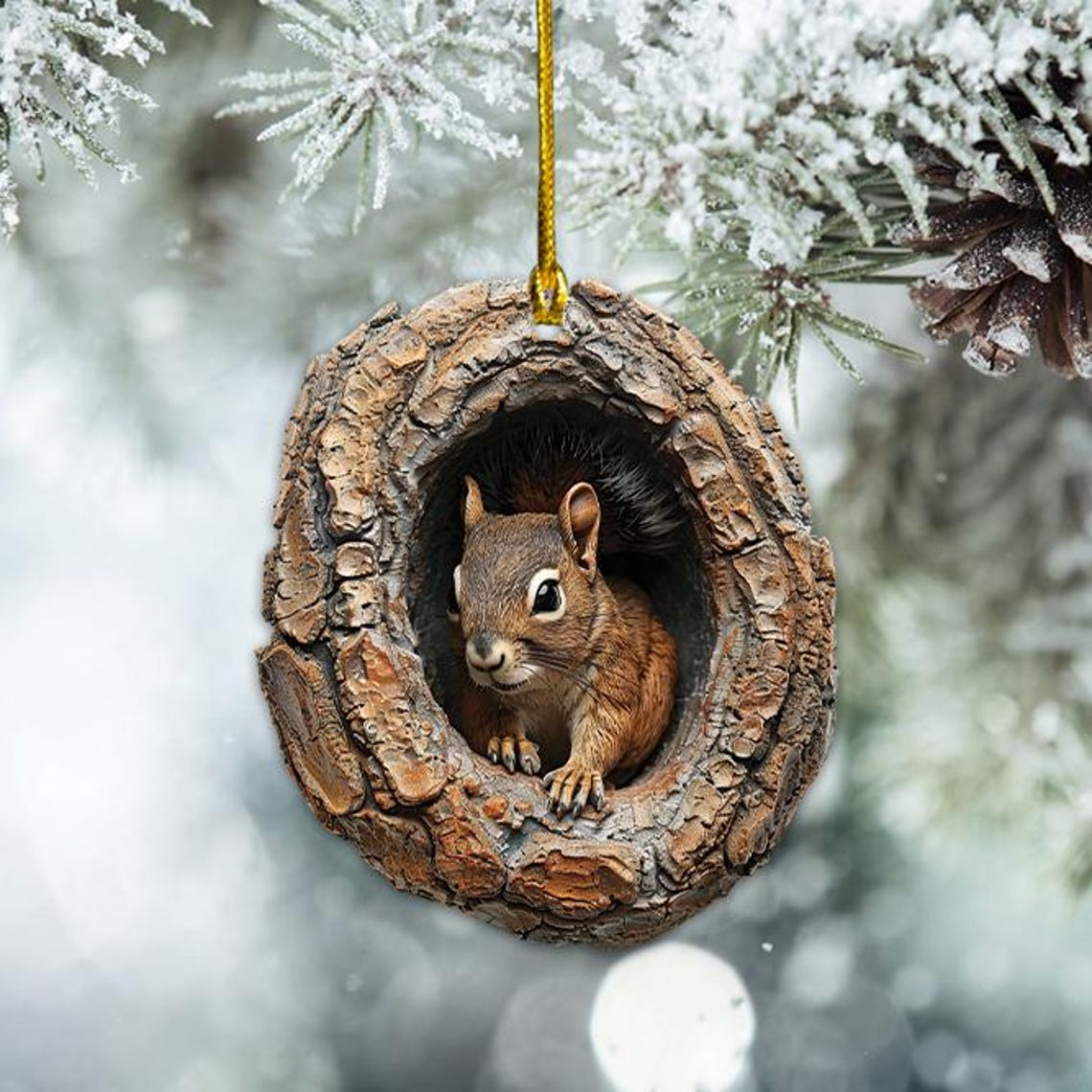 Squirrel in a Hollow Tree Christmas Ornament, Squirrel Hanging Christmas Ornament Gift