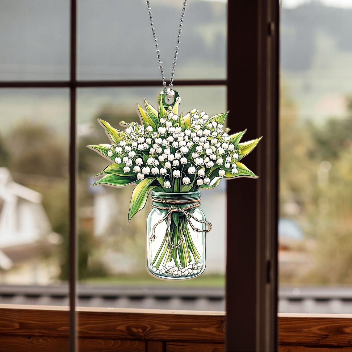 Lily Of The Valley in Mason Jar Hanging Suncatcher, Lily Of The Valley Sun Light Catcher Decor Gift