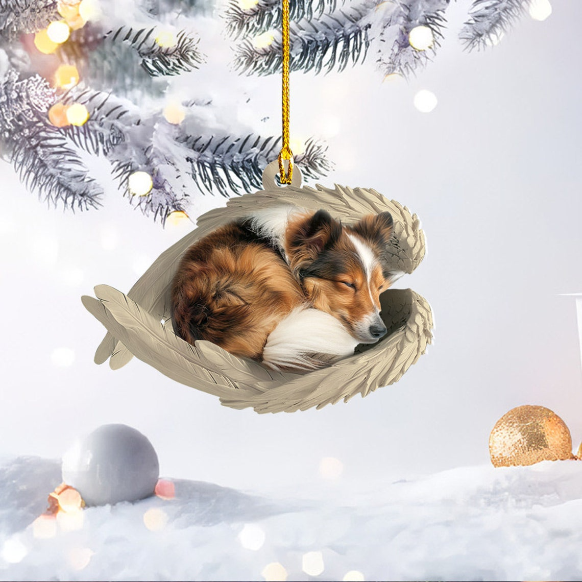 Shetland Sheepdog Sleeping Angel Wings Ornament, Christmas Sheltie Dog Christmas Ornament Gift