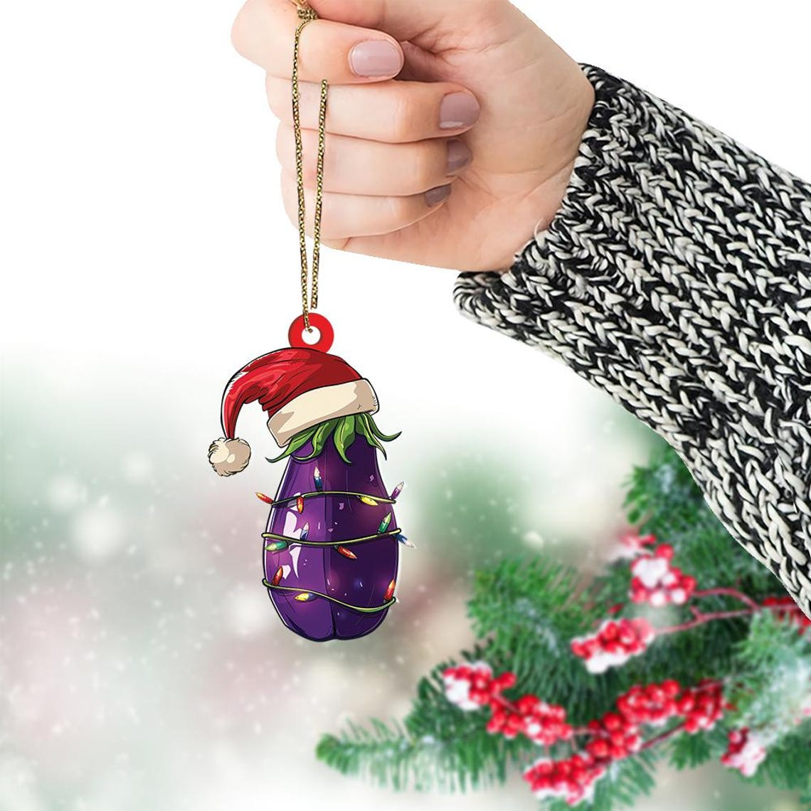 Cute Eggplant Christmas Light Ornament, Christmas Eggplant Flat Hanging Ornament Decor