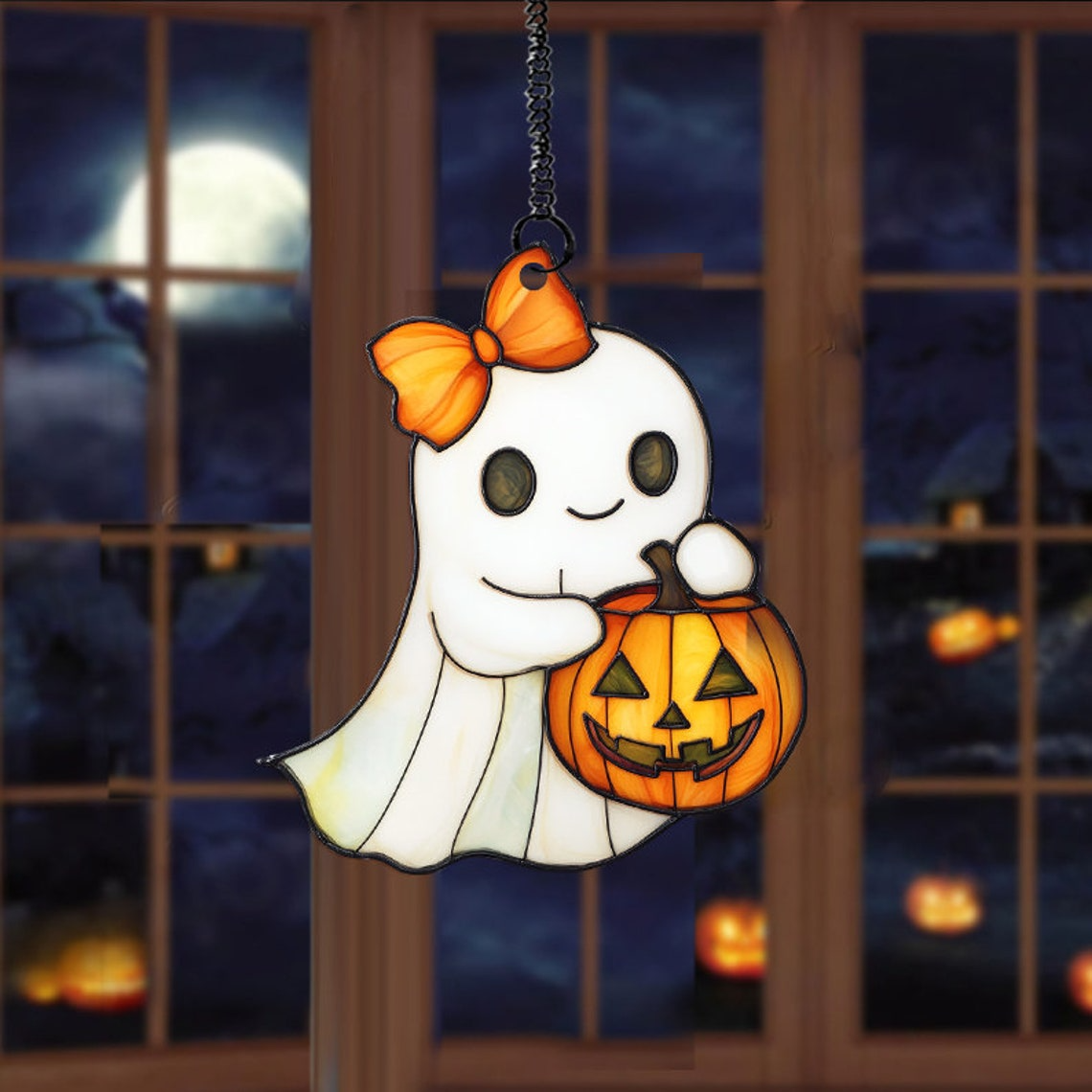 Halloween Girl Ghost with Bow Suncatcher, Cute Ghost Window Hanging Ornament  Decor