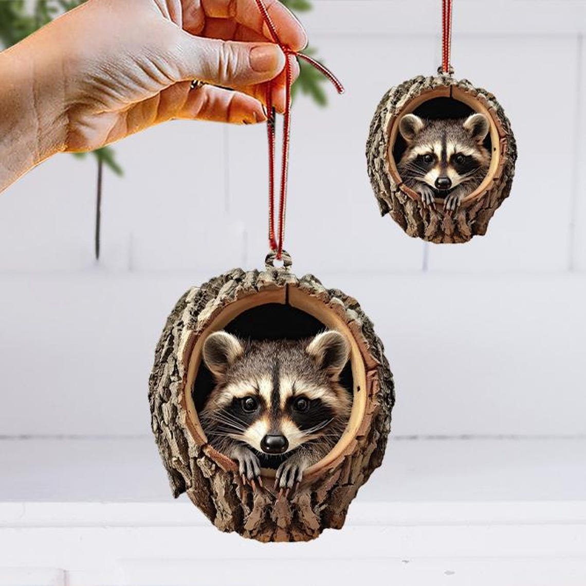 Christmas Raccoon Rearview Mirror Car Ornament, Raccoon Hanging Ornament Holiday Christmas