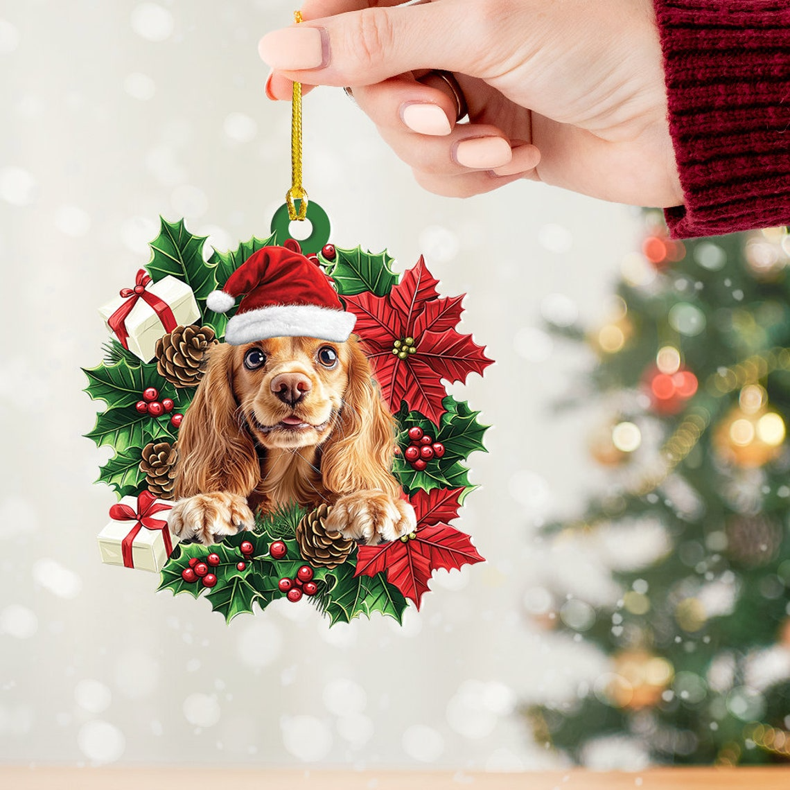 Cocker Spaniel Dog Hanging Christmas Wreath Ornament, Cocker Spaniel Dog Christmas Tree Ornament