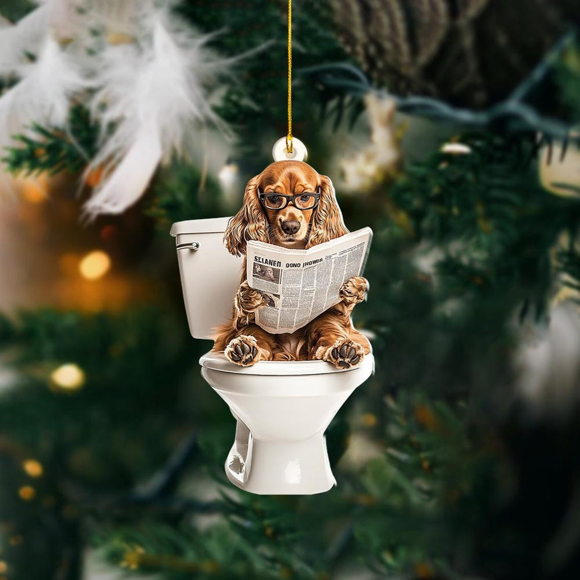 Cocker Spaniel Dog Sitting On Toilet Ornament, Cocker Spaniel Dog Reading Newspaper Ornament