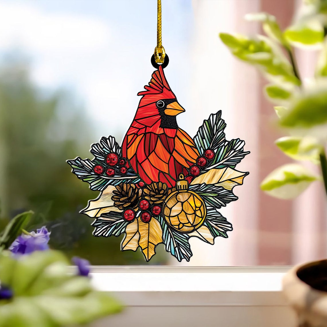 Cardinals Suncatcher Ornament, Cardinals Christmas Ornament Decor