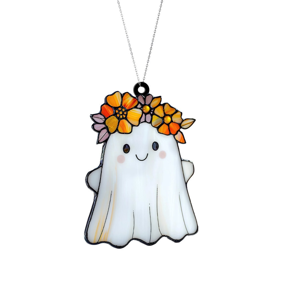 Ghost Pretty With Flowers Crown Suncatcher, Cute Ghost Halloween Hanging Ornament