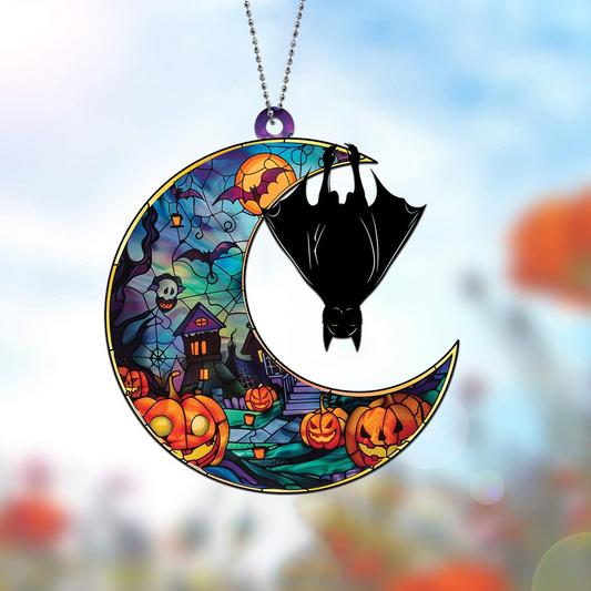 Bat Moon Haunted House Halloween Suncatcher Ornament, Halloween Bat Moon Ornament