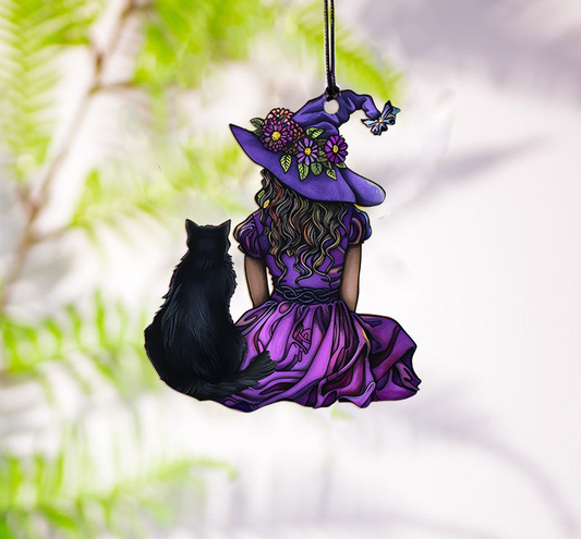 Witch And Black Cat Window Hanging Suncatcher, Halloween Witch And Cat Window Ornament Gift