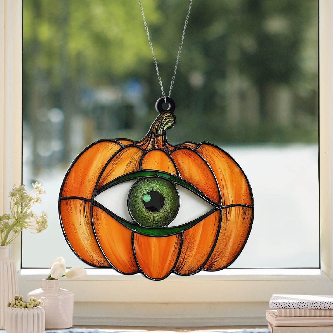 Pumpkin with Eye Suncatcher Ornament, Halloween Pumpkin Fall Ornament Decor