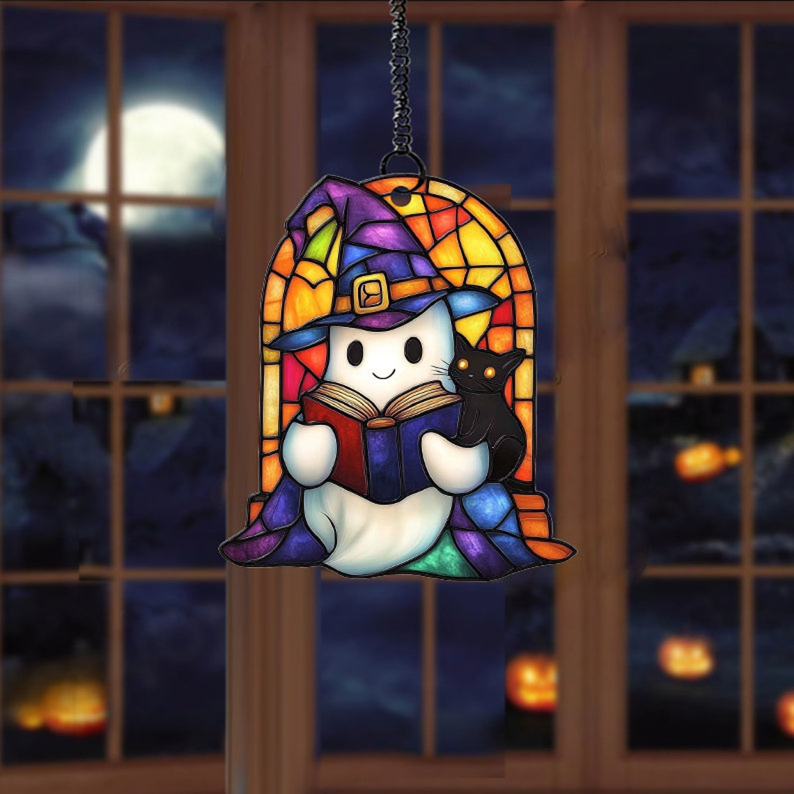 Cute Ghost and Cat Witchy Halloween Suncatcher, Window Hanging Decor