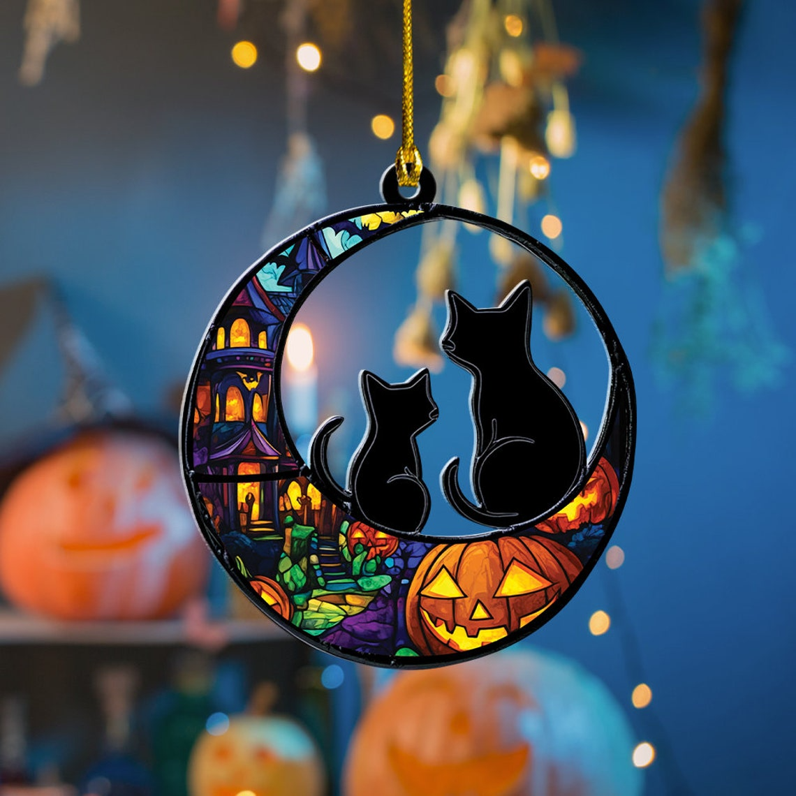 Two Cats on Halloween Suncatcher Ornament, Two Cats on Halloween Window Hanging Decor