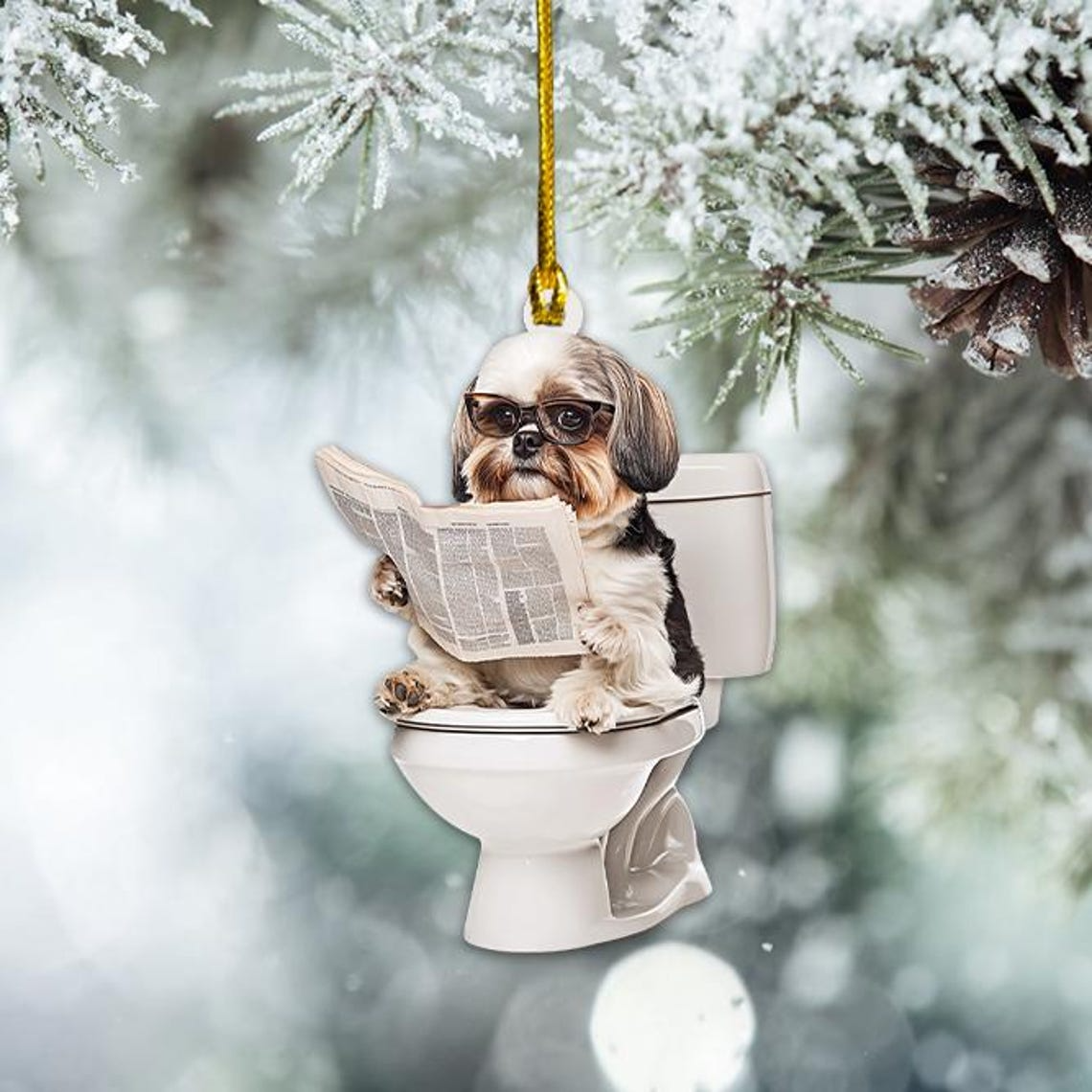 Shih Tzu Dog Sitting On Toilet Ornament, Shih Tzu Dog Ornament Christmas Decor