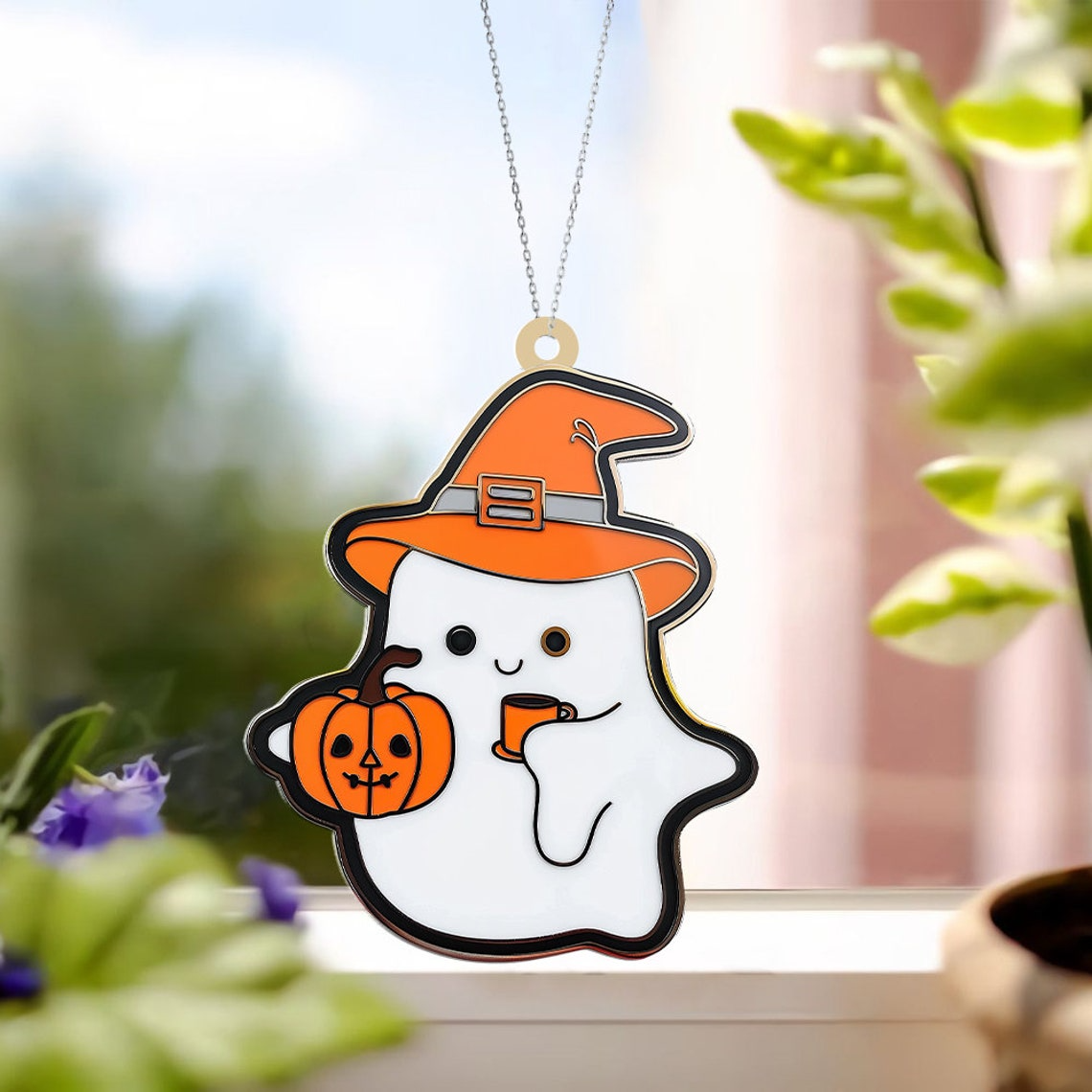 Ghost Tea and Pumpkin Halloween Suncatcher, Halloween Ghost Hanging Ornament Gift