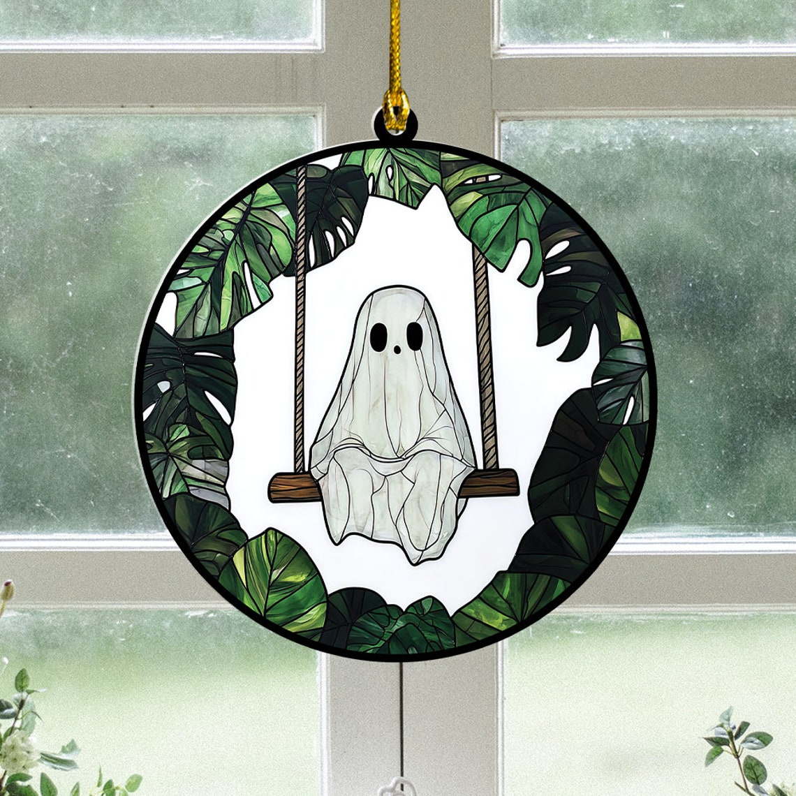 Cute Ghost Playing Swing Suncatcher, Cute Ghost Halloween Ornament Decor