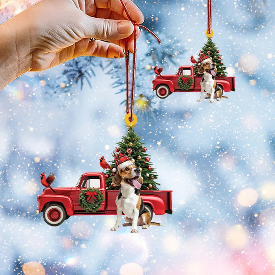 Christmas Cute Beagle Dog Red Truck Ornament, Unique Beagle Dog Christmas Ornament Gift