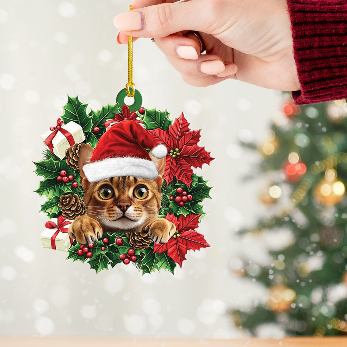 Munchkin Cat Christmas Wreath Ornament, Cute Munchkin Cat Christmas Ornament Decor Gift