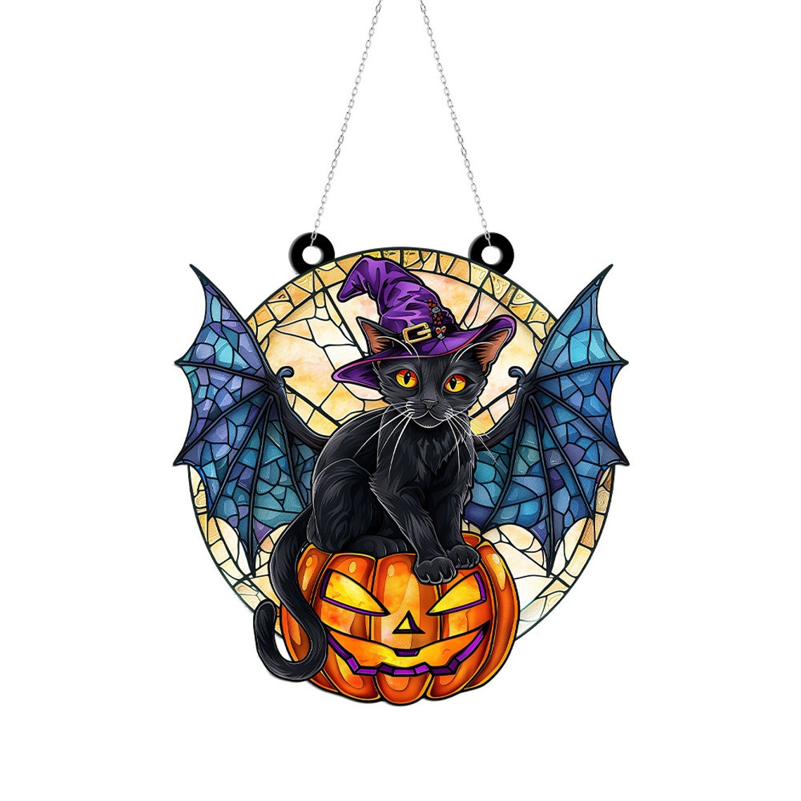 Cat Witch with Hat Purple Halloween Suncatcher, Cat Witch Window Hanging Decor