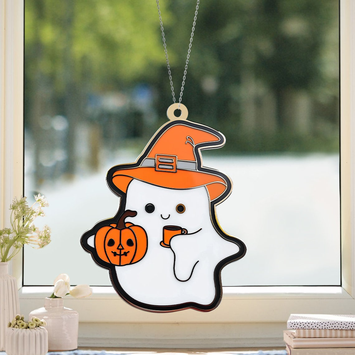 Ghost Tea and Pumpkin Halloween Suncatcher, Halloween Ghost Hanging Ornament Gift