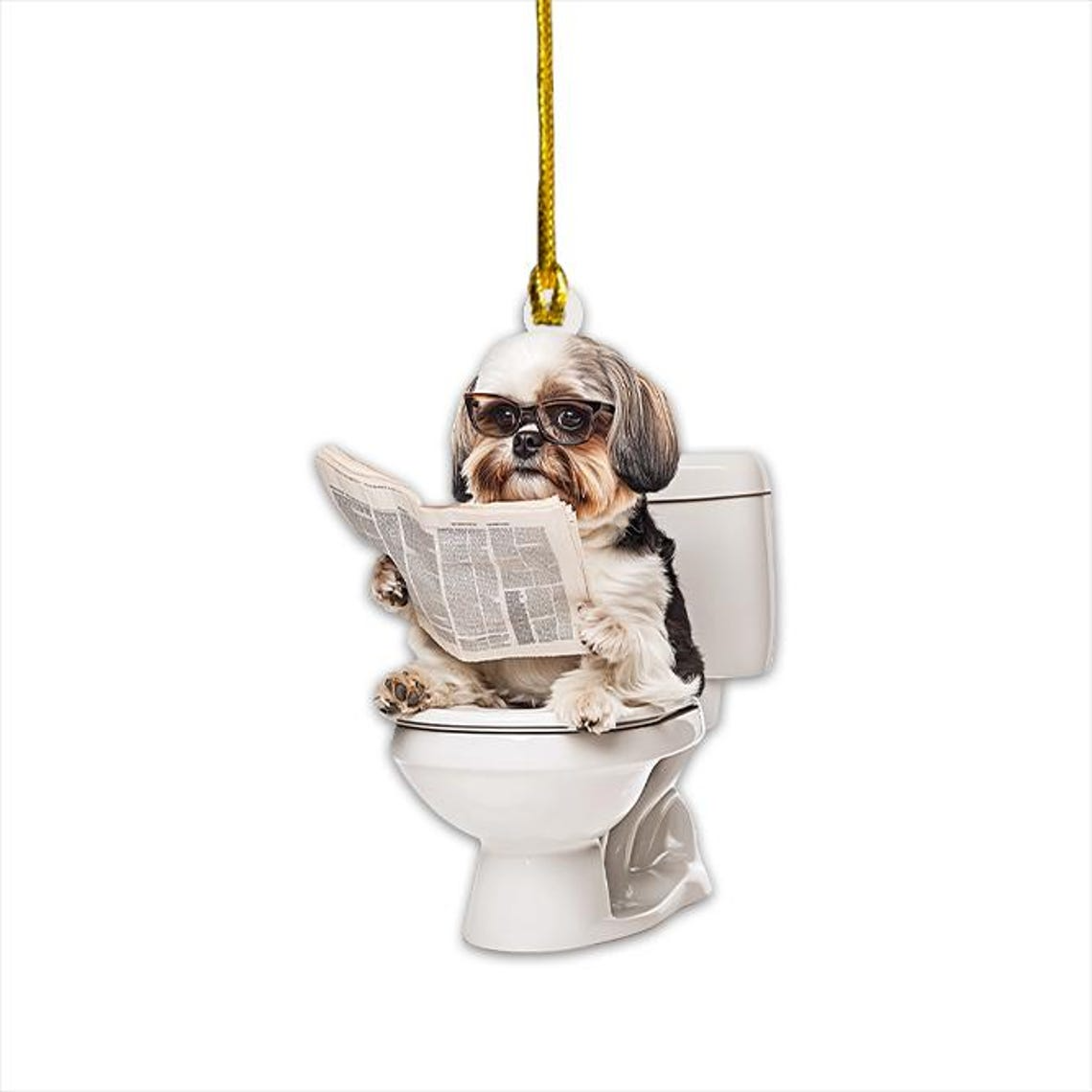 Shih Tzu Dog Sitting On Toilet Ornament, Shih Tzu Dog Ornament Christmas Decor