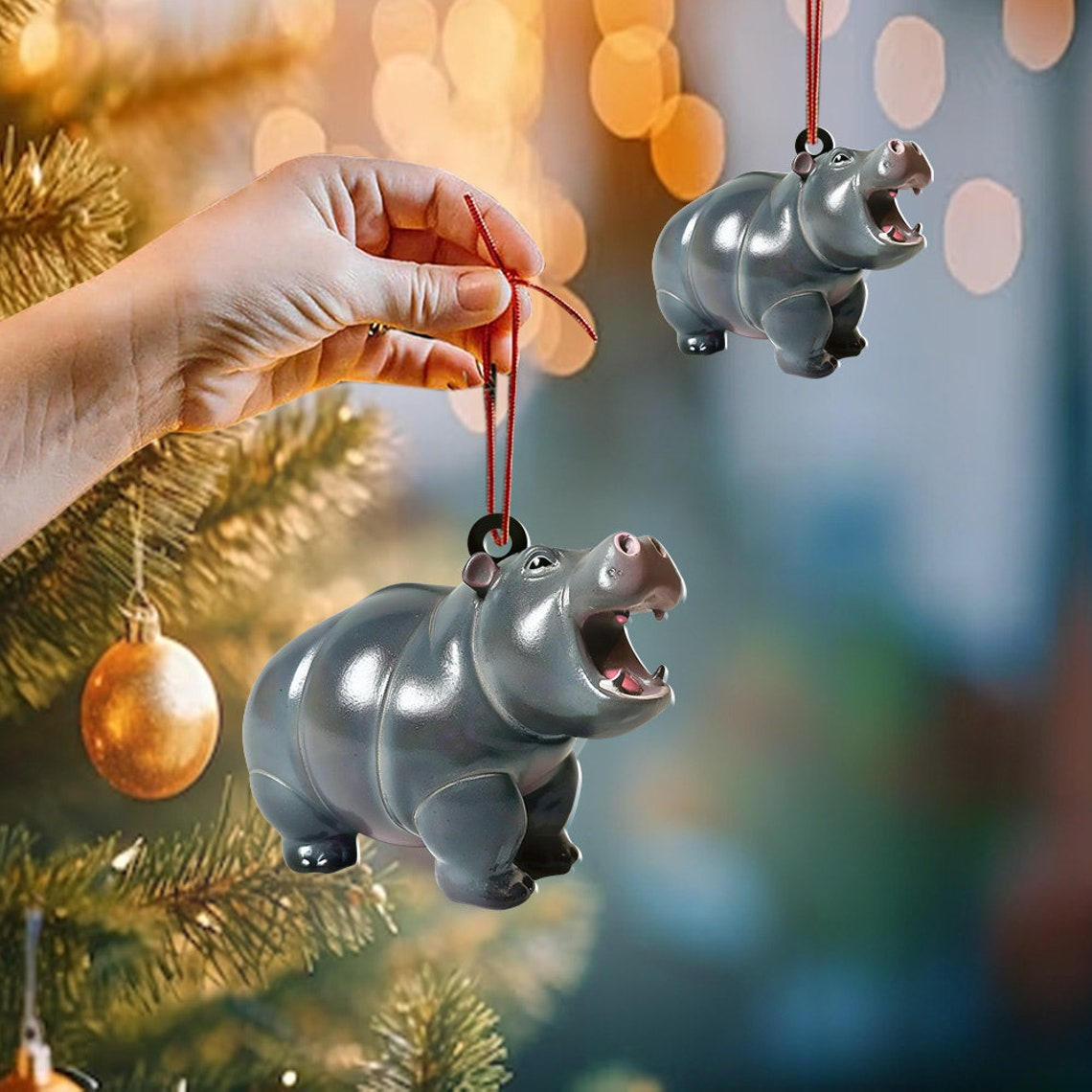 Cute Baby Hippo Flat Christmas Ornament Gift, Christmas Pygmy Hippo Car Ornament Decor