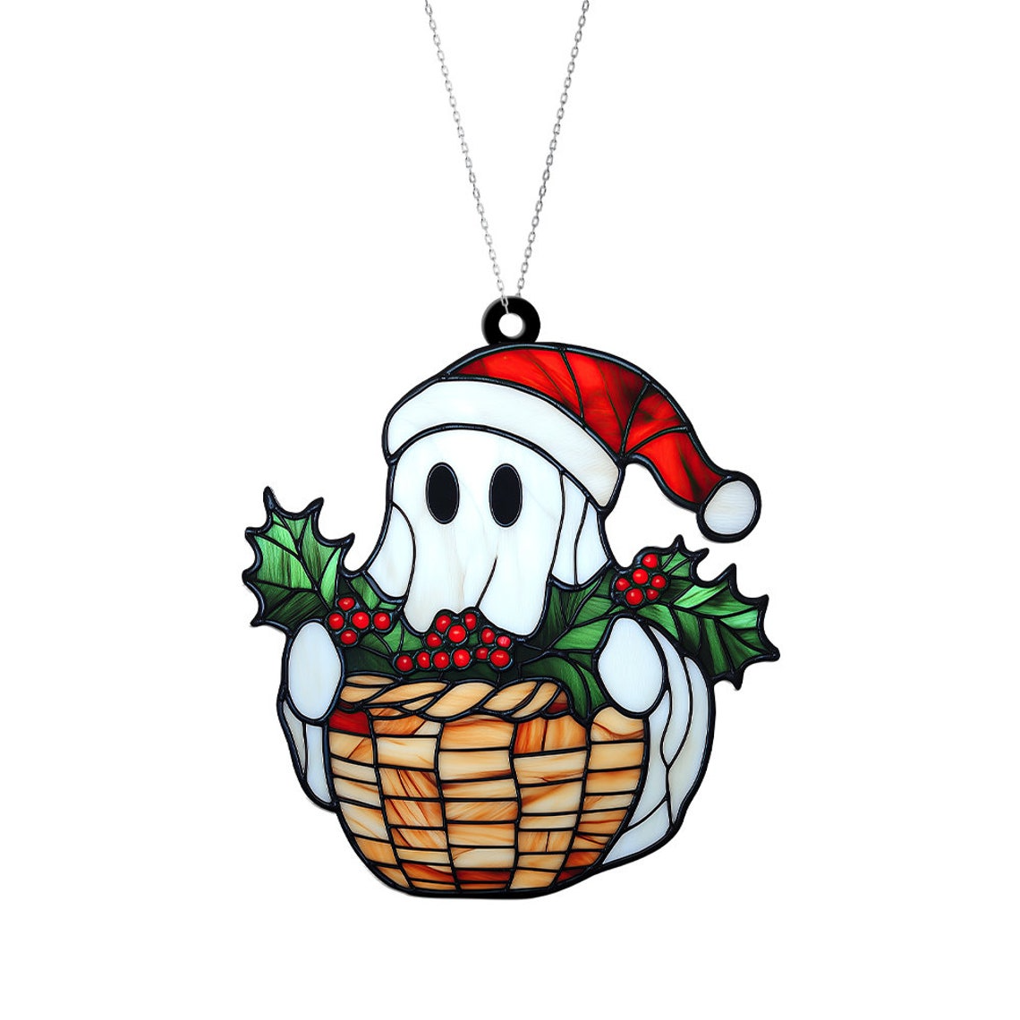 Ghost With Poinsettia Christmas Ornament, Poinsettia Flowers Window Suncatcher