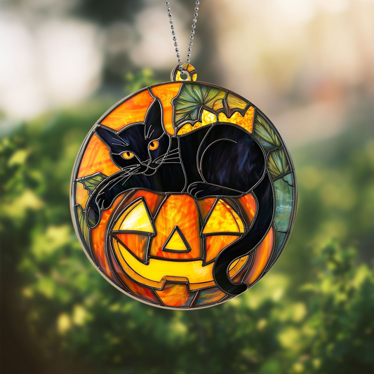 Cat Pumpkin Halloween Window Hanging Suncatcher, Halloween Cat Pumpkin Ornament