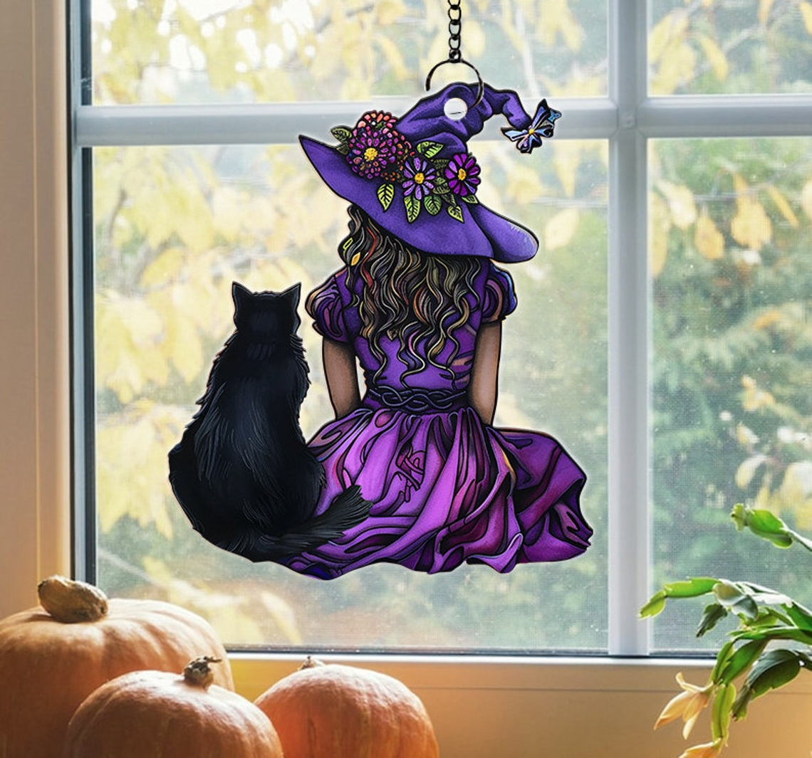 Witch And Black Cat Window Hanging Suncatcher, Halloween Witch And Cat Window Ornament Gift