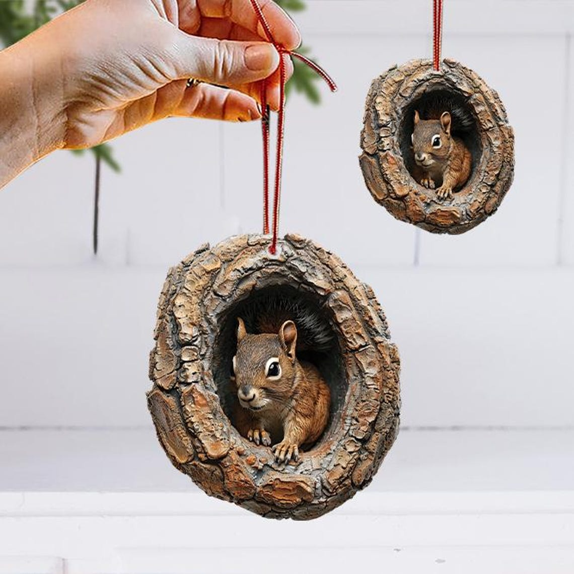 Squirrel in a Hollow Tree Christmas Ornament, Squirrel Hanging Christmas Ornament Gift