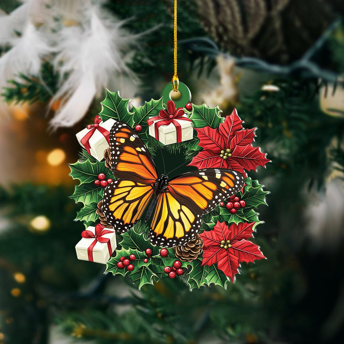 Butterfly Christmas Tree Wreath Ornament, Butterfly Rearview Mirror Car Ornament Holiday Gift