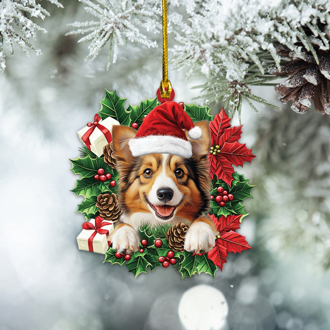 Shetland Sheepdog Christmas Wreath Ornament, Shetland Sheepdog Hanging Christmas Ornament