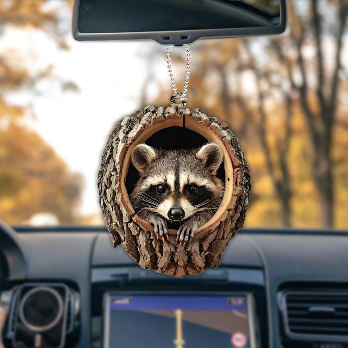 Christmas Raccoon Rearview Mirror Car Ornament, Raccoon Hanging Ornament Holiday Christmas