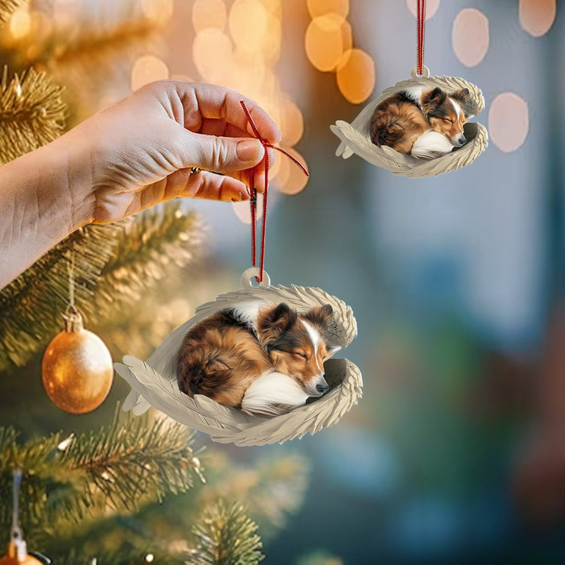 Shetland Sheepdog Sleeping Angel Wings Ornament, Christmas Sheltie Dog Christmas Ornament Gift