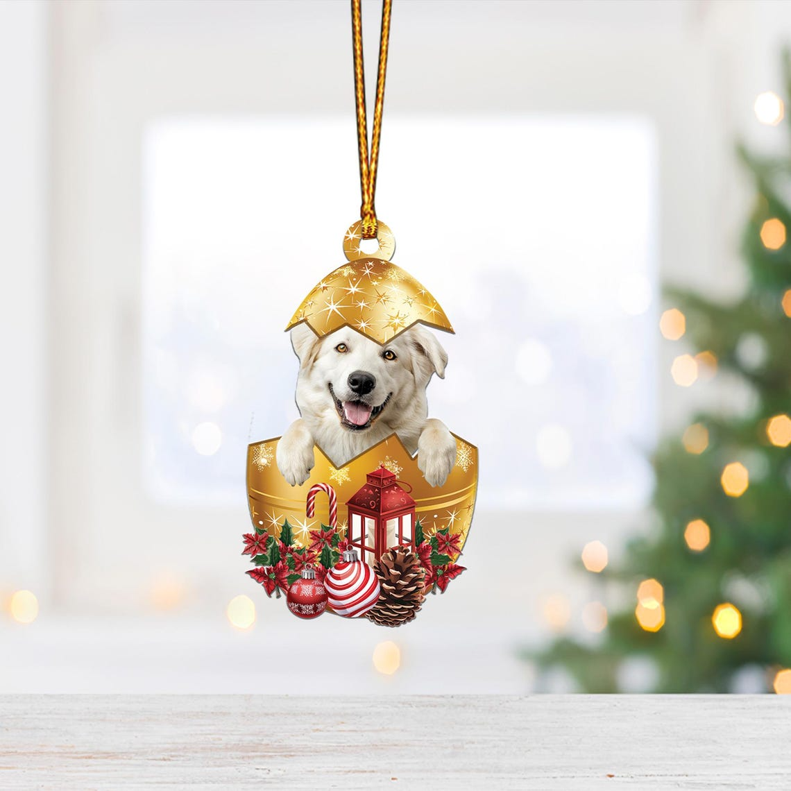 White Anatolian Shepherd In in Golden Egg Christmas Ornament, Dog White Hanging Ornament Decor