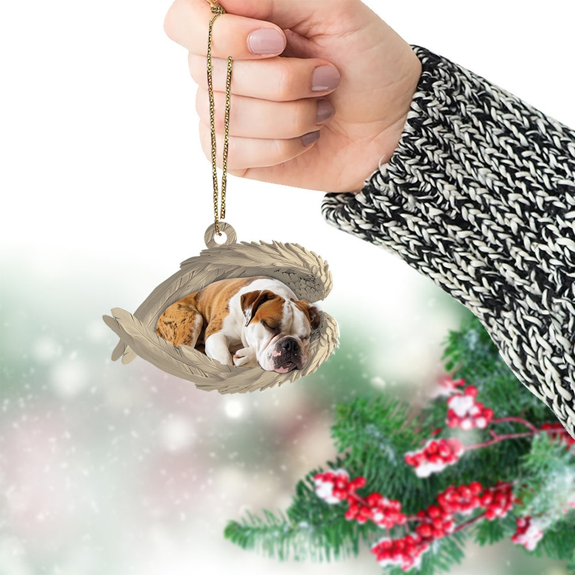 American Bulldog Sleeping Angel Christmas Ornament, Cute Bulldog Dog Christmas Ornament Gift