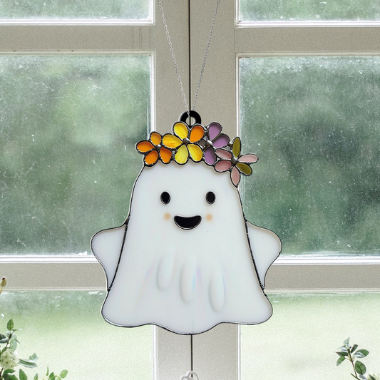 Ghost with Beautiful Smile And Flower Crown Suncatcher, Cute Ghost Halloween Decor