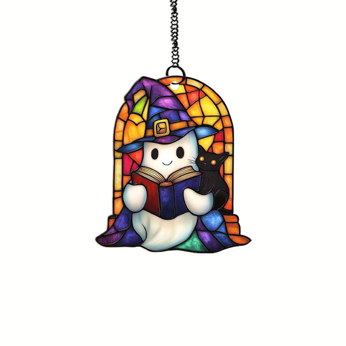 Cute Ghost and Cat Witchy Halloween Suncatcher, Window Hanging Decor