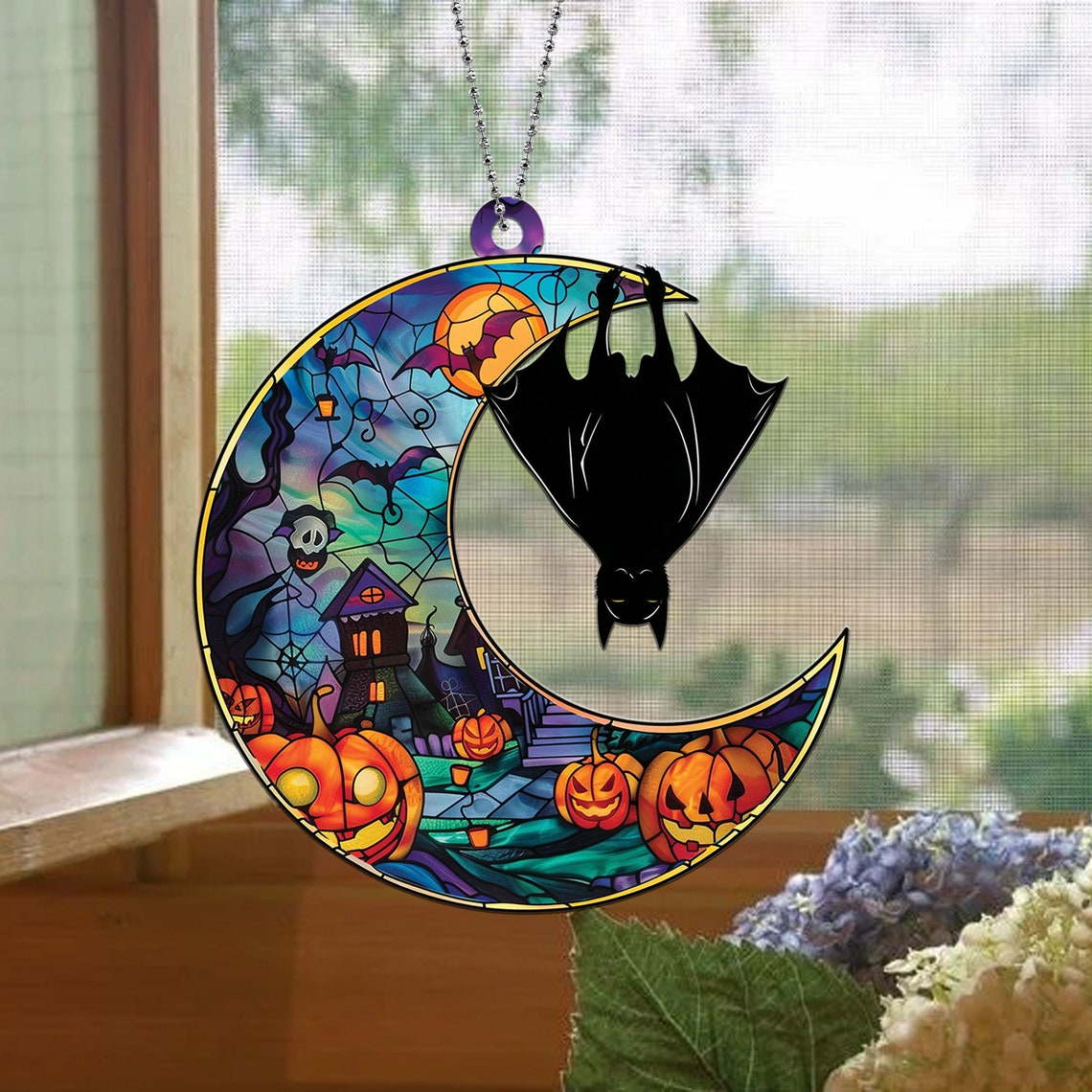 Bat Moon Haunted House Halloween Suncatcher Ornament, Halloween Bat Moon Ornament