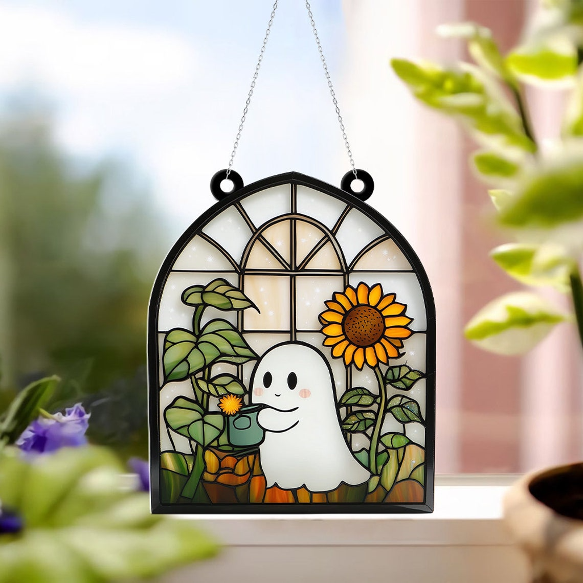 Cute Ghost Planting Halloween Suncatcher, Cute Ghost Suncatcher Decor