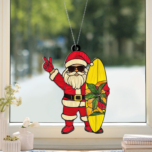 Funny Santa Claus with Surfboard Christmas Suncatcher, Funny Santa Window Hanging Ornament