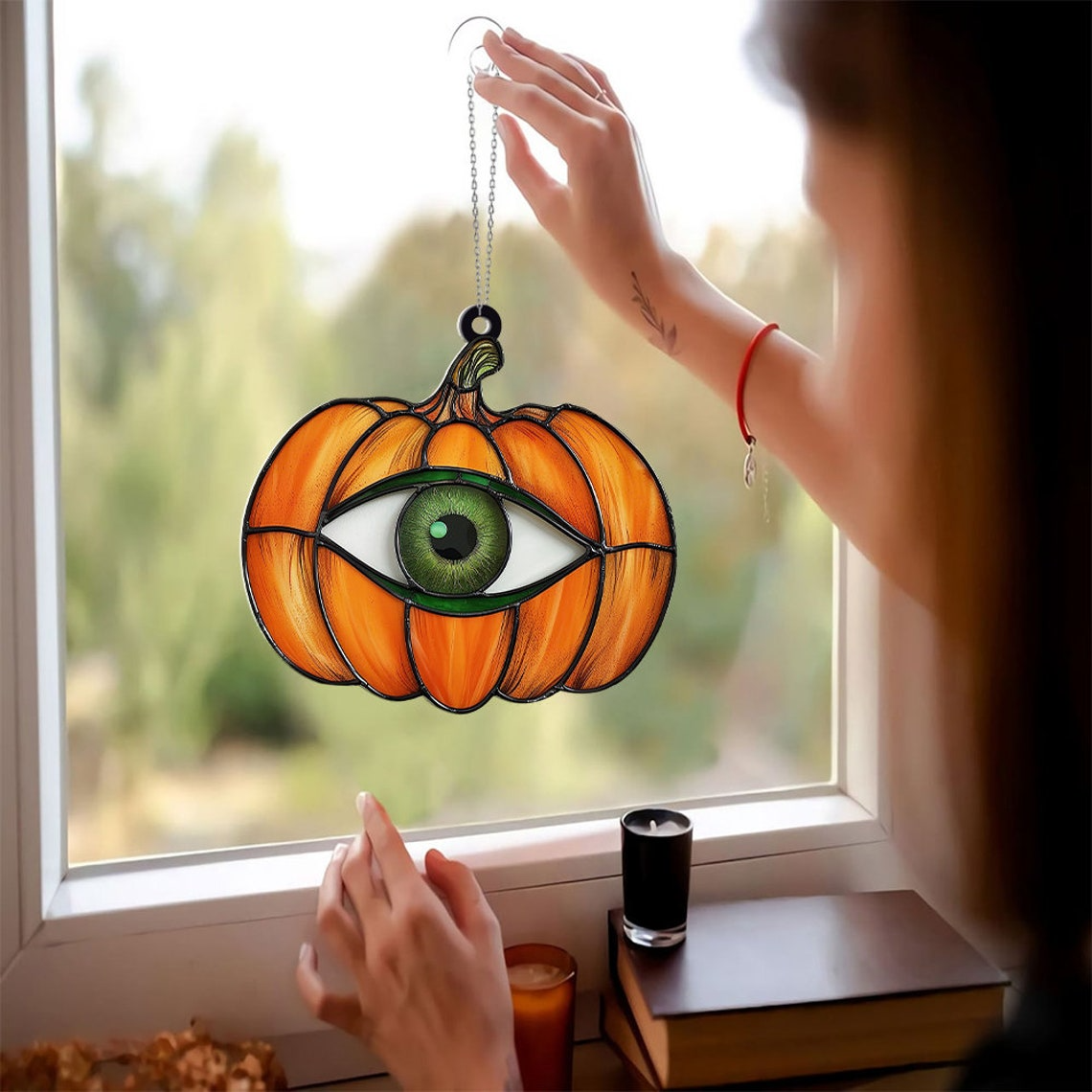 Pumpkin with Eye Suncatcher Ornament, Halloween Pumpkin Fall Ornament Decor