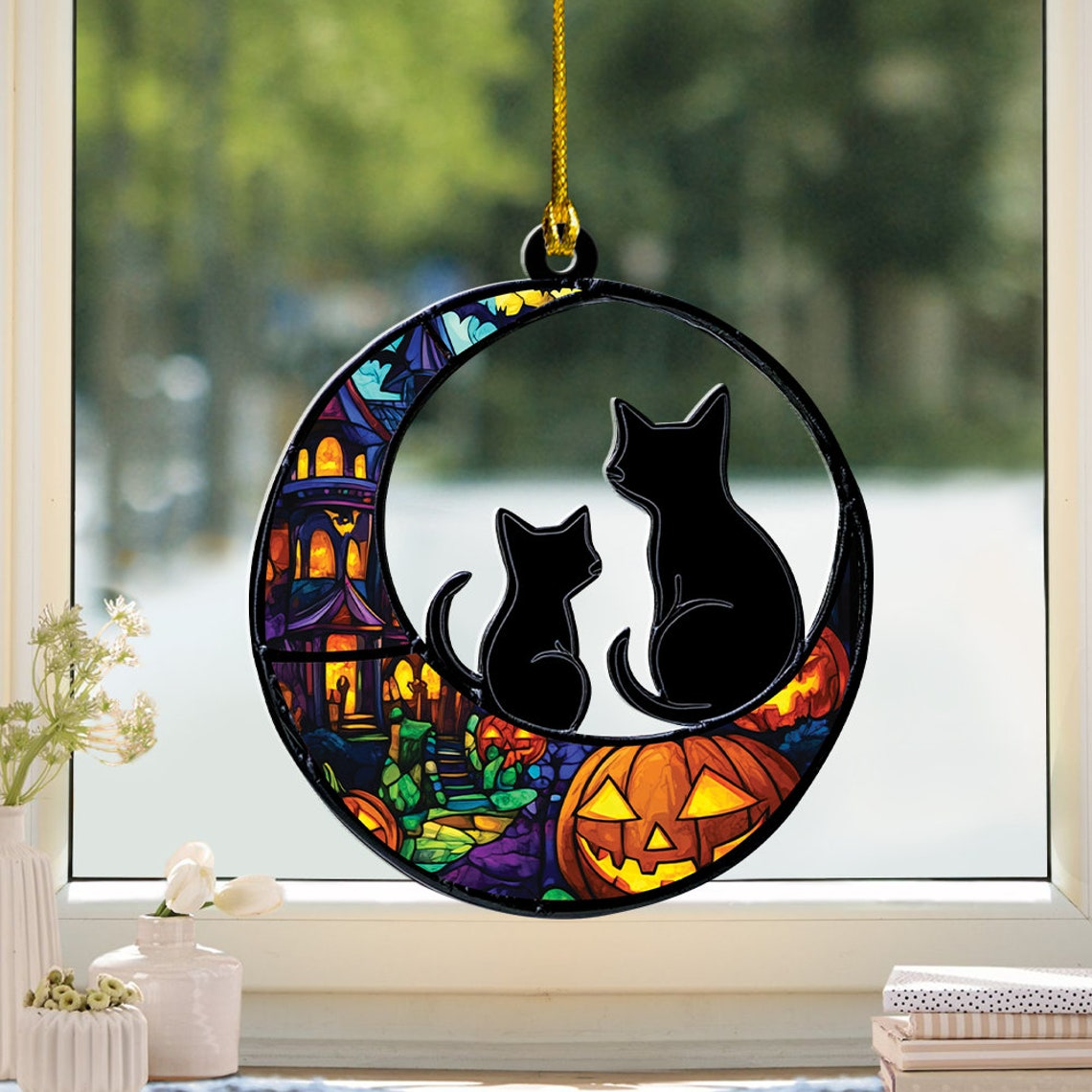 Two Cats on Halloween Suncatcher Ornament, Two Cats on Halloween Window Hanging Decor