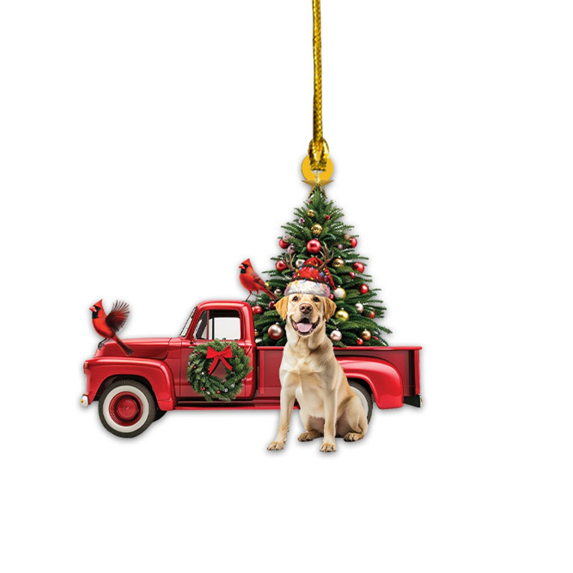 Labrador Retriever Dog Red Truck Hanging Ornament, Labrador Dog Christmas Ornament Decor