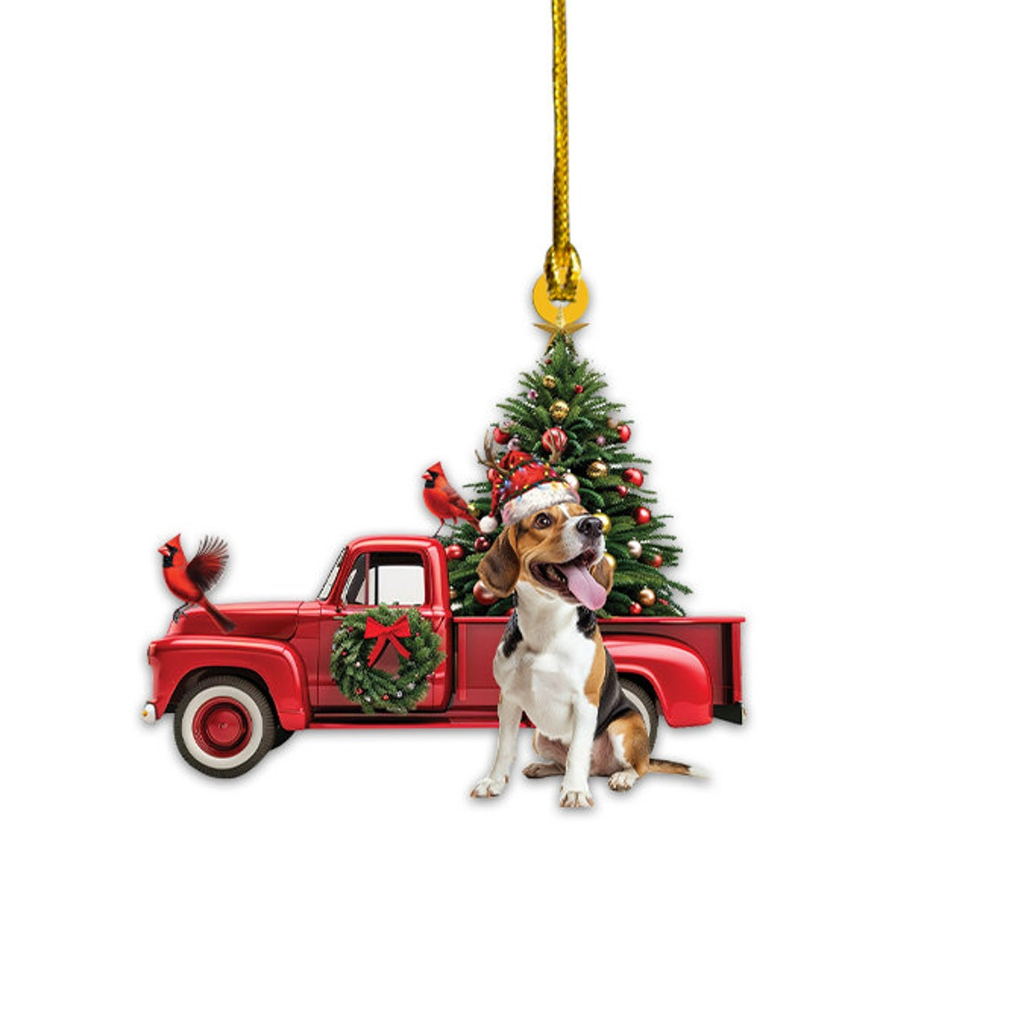 Christmas Cute Beagle Dog Red Truck Ornament, Unique Beagle Dog Christmas Ornament Gift