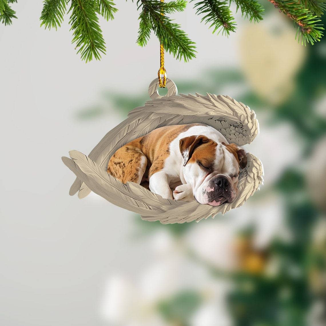 American Bulldog Sleeping Angel Christmas Ornament, Cute Bulldog Dog Christmas Ornament Gift