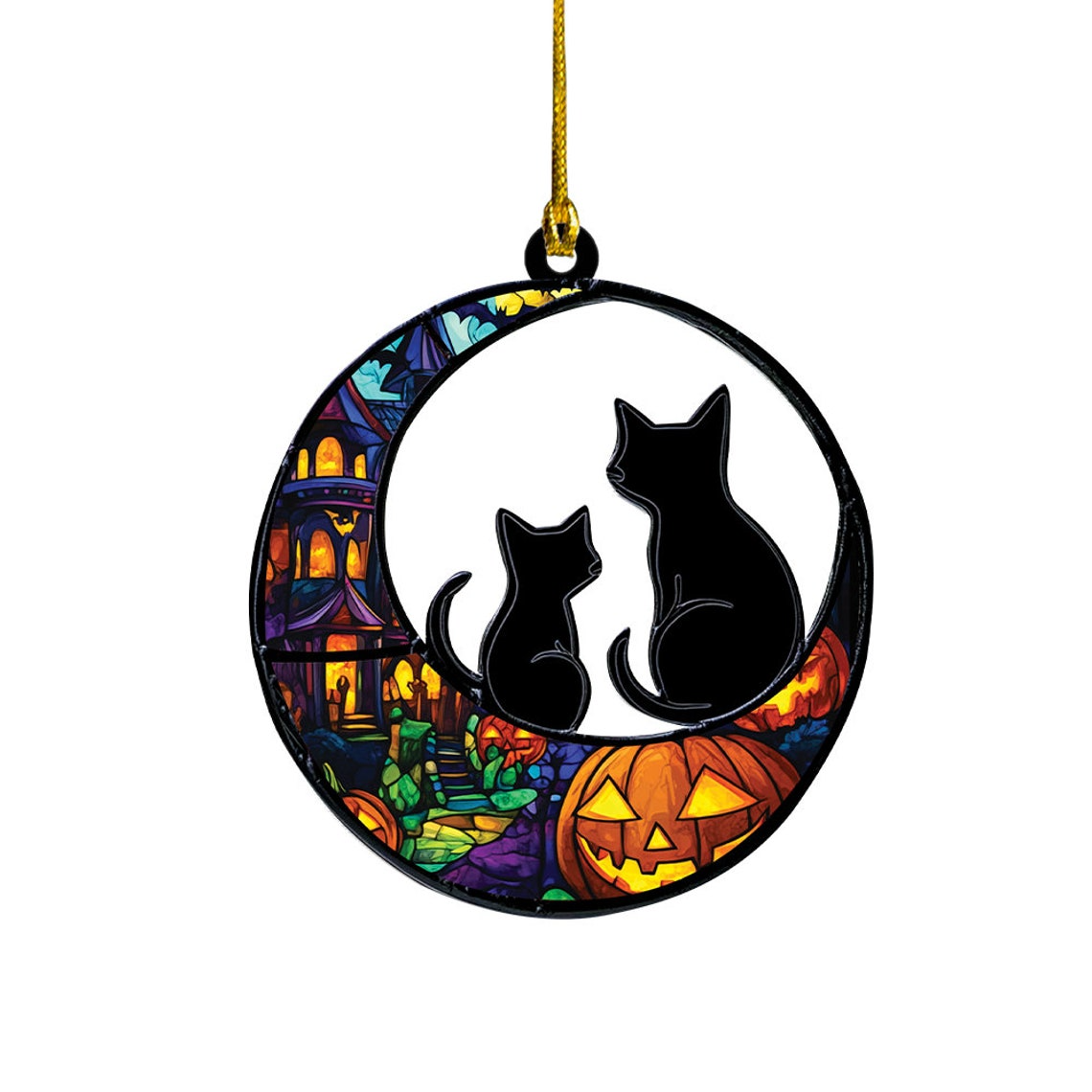 Two Cats on Halloween Suncatcher Ornament, Two Cats on Halloween Window Hanging Decor