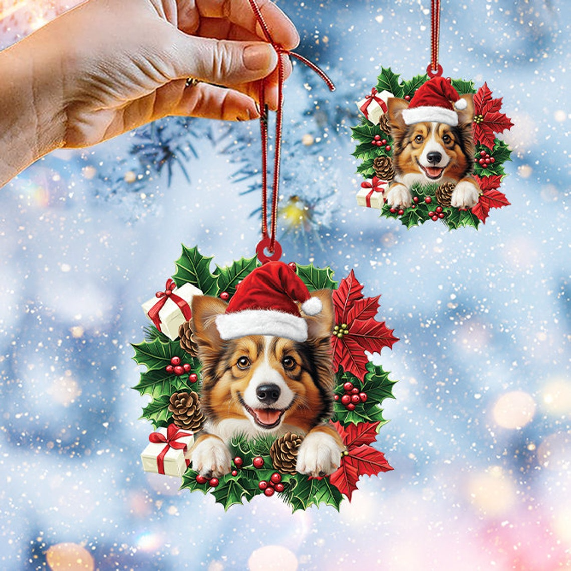 Shetland Sheepdog Christmas Wreath Ornament, Shetland Sheepdog Hanging Christmas Ornament