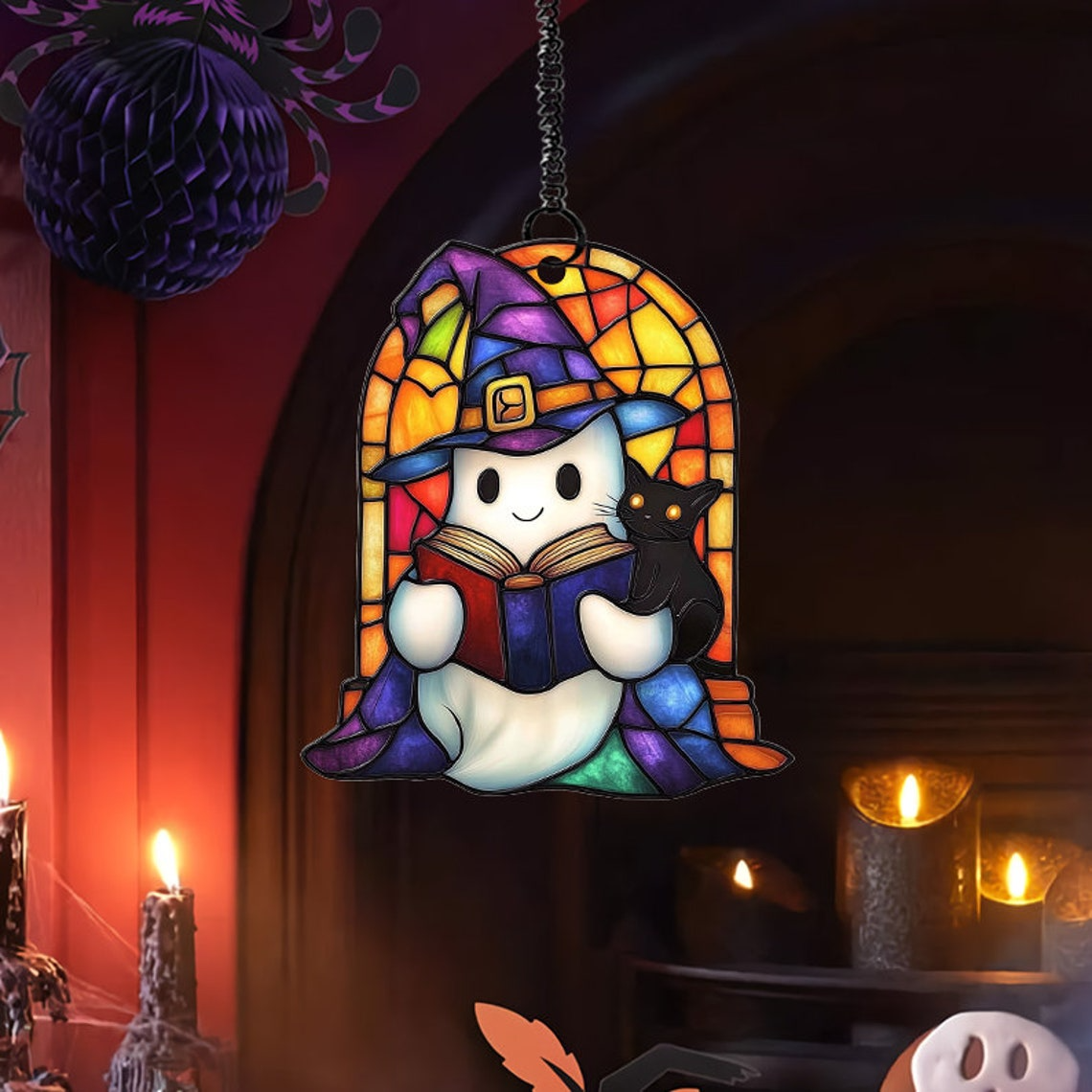 Cute Ghost and Cat Witchy Halloween Suncatcher, Window Hanging Decor